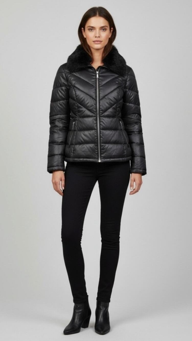 Kennth Cole New York Black Puffer Jack With Faux Fur Collar Size S/P Excellent
